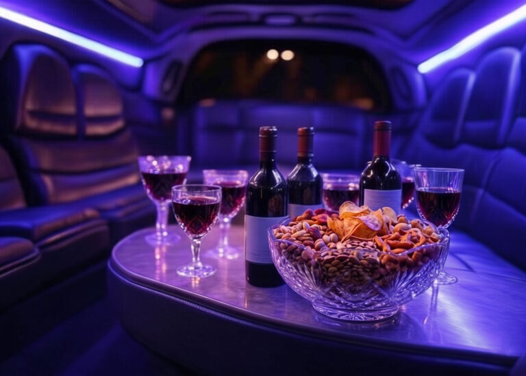 Inteior de una limusina hummer con vino y botanas para degustar