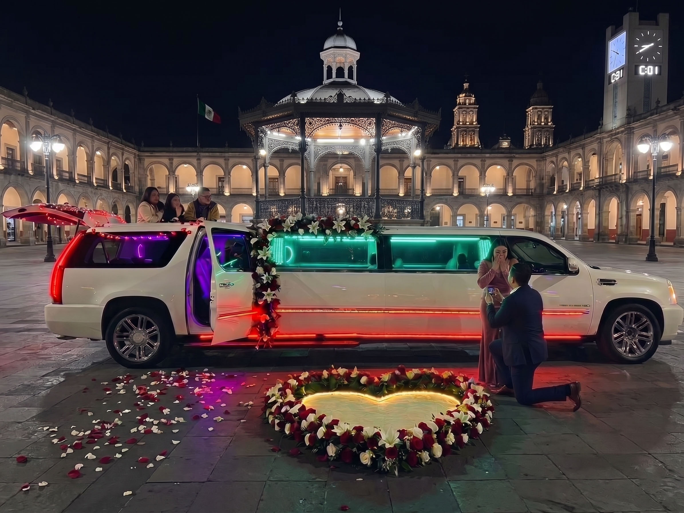 Pedida de matrimonio en un recorrido de limusina sobre la Plaza González Arratia