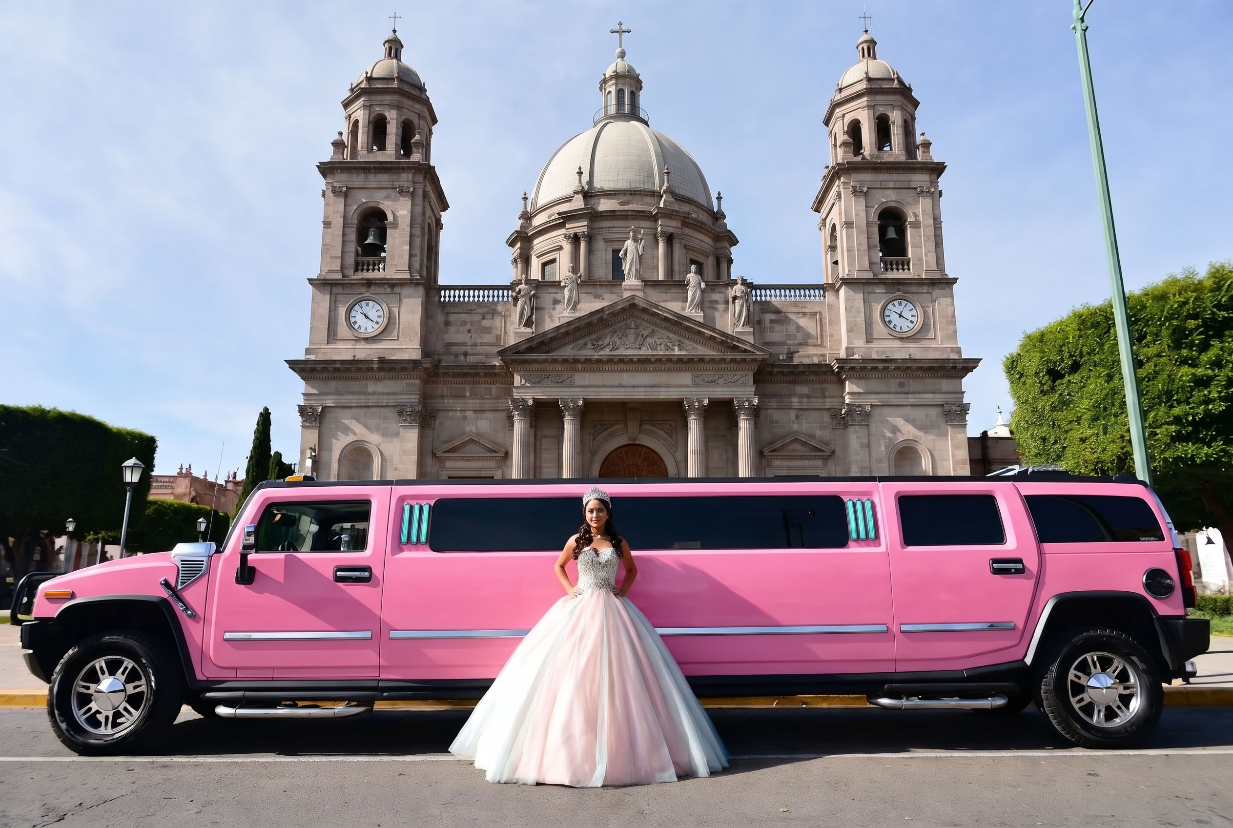 Quinceañera en un recorrido de limusina hummer color rosa en una iglesia de Toluca